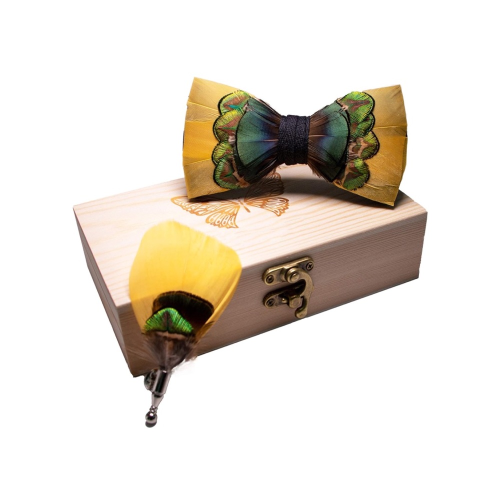 Men’s Handmade Pre Tied Feather Bow Tie and Matching Lapel Pin Wooden Box Yellow